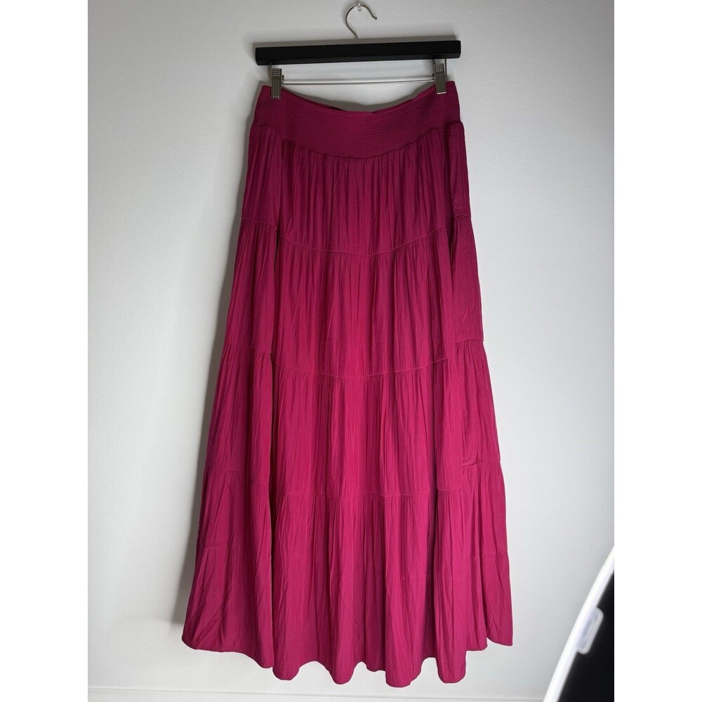 Chico’s Tiered Maxi Skirt Pink Flowy Boho Elastic Waist Size 1 US 8